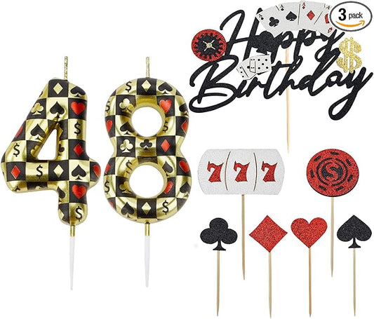 Casino Birthday Number Candles for Cake, Poker Birthday Candles for Casino Themed Birthday Party Decoration, Glitter Casino Birthday Cake Topper for Casino Night Theme Birthday Cake (Number 48 & 84)