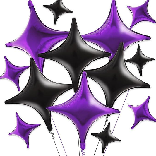 TONIFUL 30Pcs 26In&10In Star Balloons Black and Purple Four Pointed Foil Mini Star Mylar Balloons for Halloween Birthday Wedding Baby Shower Anniversary Engagement Party Decor Supplies