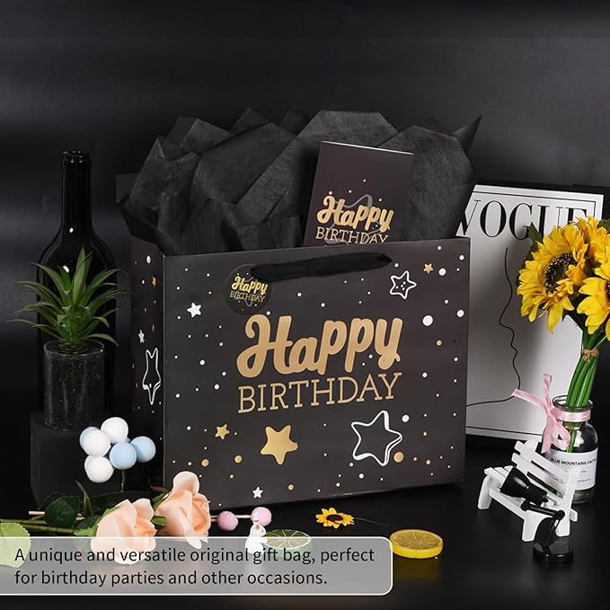 13" Black Happy Birthday Gift Bag with Tissue Paper and Greeting Card for Party,Happy Birthday Gift Bag for Men Women,Gift Bags Medium size(10 PCS Black Hot Stamping)