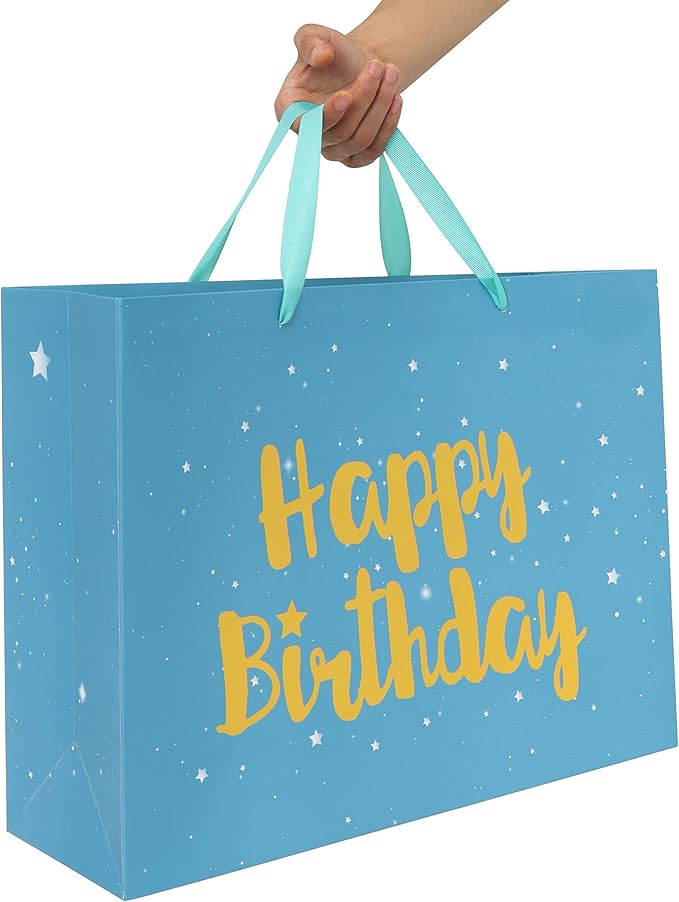Qirrmiy 16.5” Extra Large Teal Blue Happy Birthday Gift Bag Set with Handles, Green Greeting Card, Tissue Papers and Stickers for Men Boys Women Girls Kids, Stars Design, 1 Pcs.