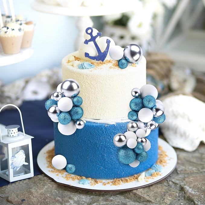 101 Pcs Teal Blue Theme Ball Cake Decorations - Teal Blue Silver White Ball Dessert Picks & Cupcake Toppers, Wedding Bridal Shower Birthday Party Baby Shower Gender Reveal Cake Supplies
