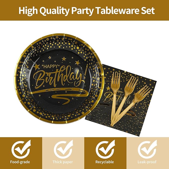 72PCS Happy Birthday Plates and Napkins Party Supplies, Black Gold Dot Paper Plates and Napkins with Forks Disposable Tableware Set for Birthday Party Decorations, Serves 24