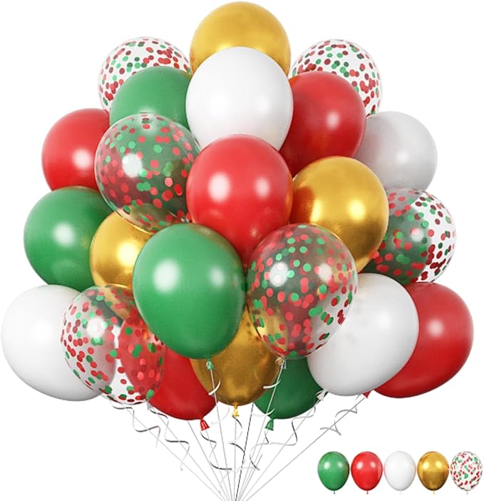 FunHot Christmas Balloons, 60 Pcs Red Green Gold Balloons, 12 Inch Red Green Confetti Balloons Metallic Gold Helium Balloons White Latex Balloons for Happy New Year Merry Christmas Party Decorations