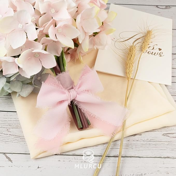 Pink Chiffon Ribbon 1.5 Inch x 3Yds Pastel Pink/Peach/Cream/Blushing Rose/Dusty Rose/Rosy Mauve Handmade Fringe Chiffon Silk Ribbon for Wedding Invitation Flower Bouquets Gift Wrapping Bridal Shower