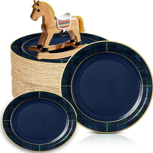 100 Pcs Green Blue Tartan Plaid Paper Plates We Can Bearly Wait Themed Party Plates Disposable Tableware Decoration for Guests Baby Shower Wedding Birthday Party Supplies (Blue,7"x7")