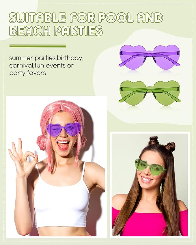Kingdder 24 Pairs Heart Shaped Sunglasses Rimless Glasses Bulk Candy Color Tinted Eyewear Summer Party Favors