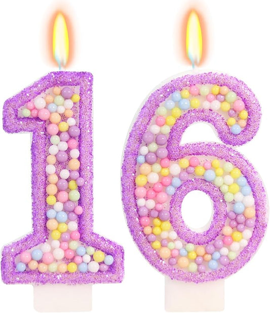 Purple Birthday Candles - Number 16 Candle, Colorful Macaron Candles, 16 Birthday Decorations for Girls, Purple Cake Decorations, Sweet Theme Party Supplies