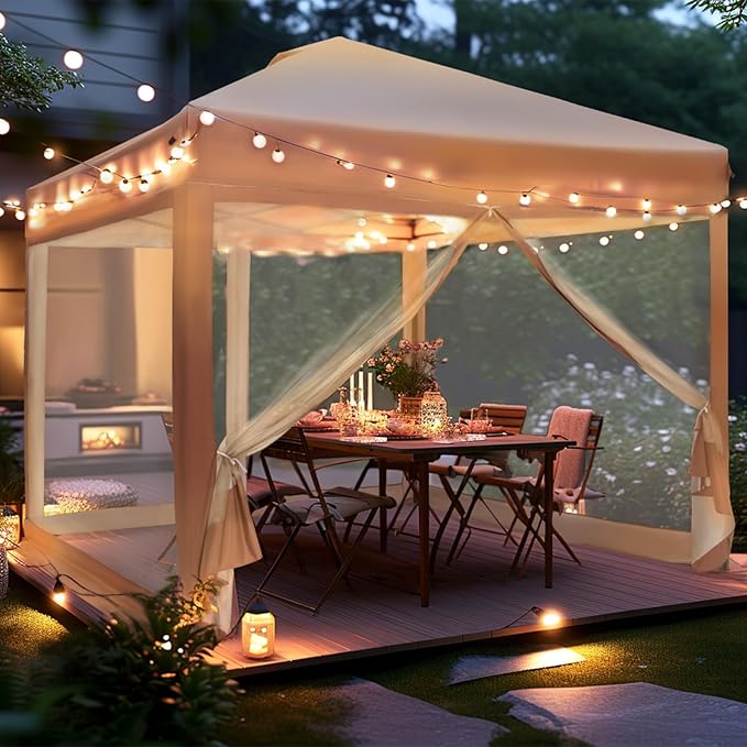 Sophia & William Canopy Tent Pop Up 10x10 ft, Outdoor Patio Portable Commercial Canopies Shelter with Screen Mesh, Roller Bag, 8 Stakes, 4 Guy Ropes, UPF50+ (Brown)