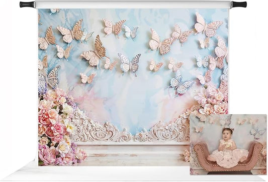 Kate Cake Smash Butterfly Wall Backdrop for Photography Pink Flowers Dreamworld Girls Birthday Party Background for Baby Shower (10x8ft)