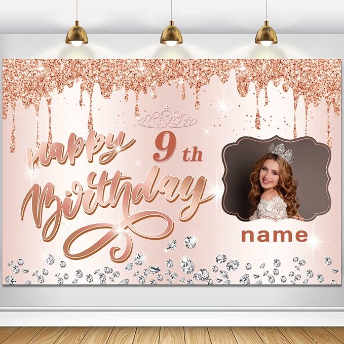 Customizable Rose Gold Happy 9th Birthday Decoration Banner - Personalized with Name and Photo