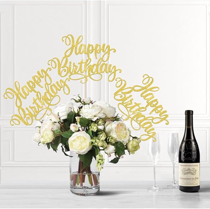 12 PCS Happy Birthday Centerpiece Sticks Double Sided Glitter Birthday Party Table Flower Centerpieces Anniversary Floral Decorations for Celebrating Birthday Party Centerpieces Supplies Gold
