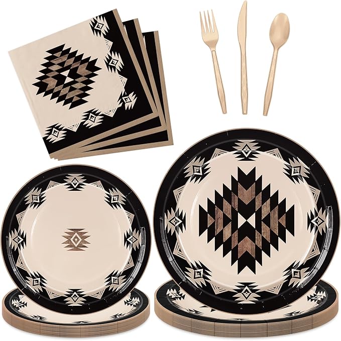 FYSUIMU 150 Pcs Western Theme Tableware Set Simple Modern Aztec Disposable Dinnerware Disposable 7" 9" Plate Paper Napkin Plastic Knives Forks Spoons, Serves 25