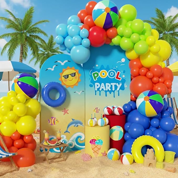 Pool Beach Party Decorations 160Pcs, Hawaiian Tropical Pool Balloon Garland Arch Kit with Beach Ball for Hawaiian Birthday Summer Luau Outdoor Pool Party Baby Shower Gender Reveal Party Decor