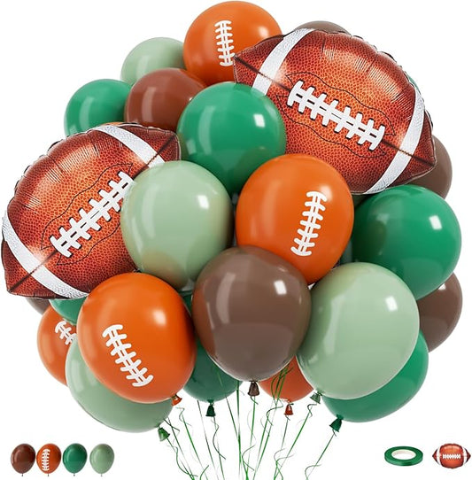 Football Balloons, 12 Inch Sage Green Brown Latex Balloon with Football Printed Foil Balloons, Football's Party Decorations for Men Sports Rugby Theme Birthday Game Party Supplies