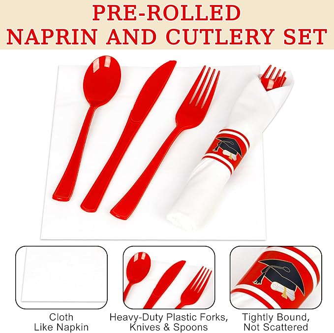 30 Pack Pre Rolled Red Plastic Silverware Set,Wrapped Plastic Cutlery Set with Napkin Include 30 Forks,30 Spoons,30 Knives and 30 White Napkins for Graduation Party