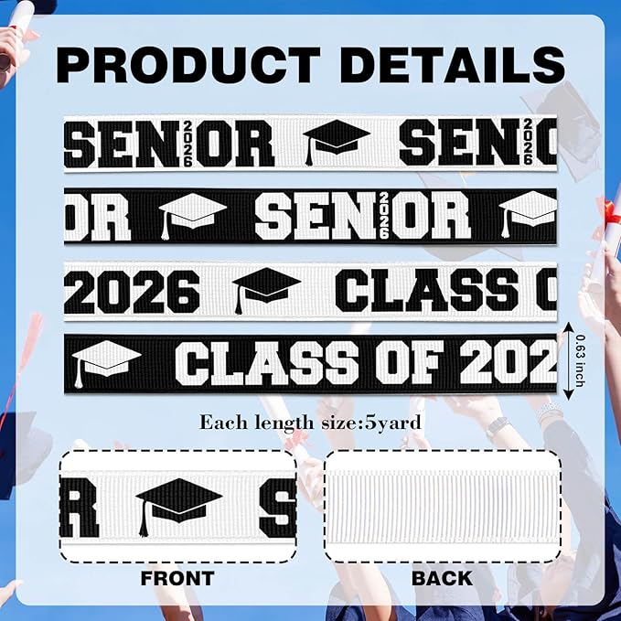 Class of 2026 Senior Grosgrain Ribbons, 5/8" x 5 Yards Black/White for Graduation Crafts and Gift Wrapping, 4-Pack