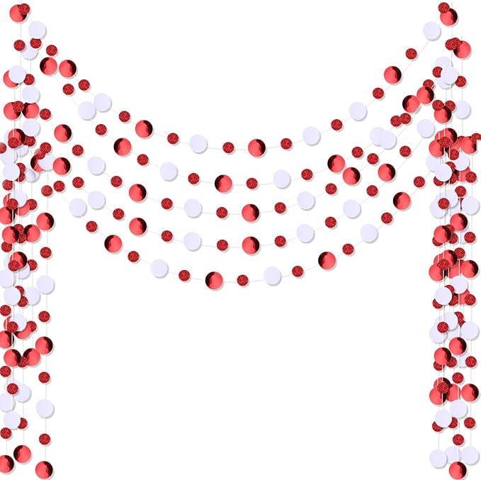 Outus 5 Pieces Red Round Dots Garland Graduation Party Hanging Decor Each Length 13.1ft Glitter Paper Dot Streamers for Birthday Wedding Classroom Supplies (White)