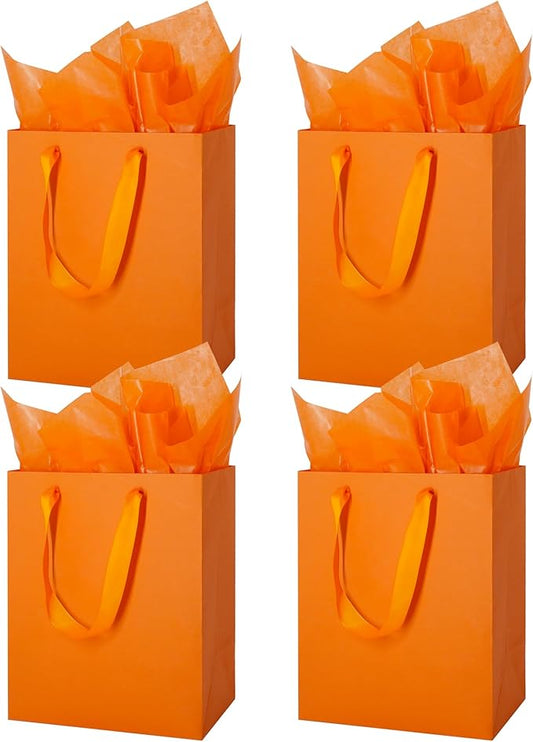 MOXARYSU 4 Pcs Medium Orange Gift Bags: 8x5x10 Inches Gift bags With Handles Party Favor Bags With 8 Tissue Paper For Party,Birthday,Baby Shower,Wedding（Orange）