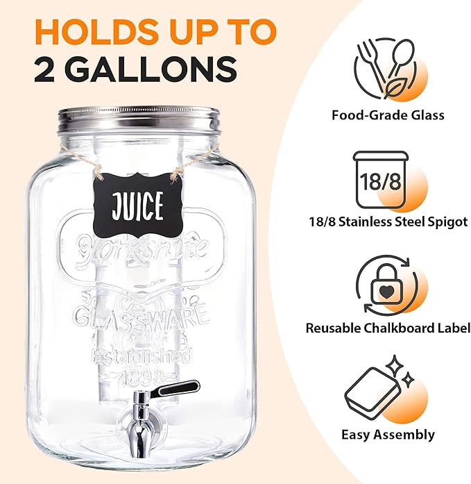 2 Gallon Large Glass Drink Dispenser Set, 2 Pack Beverage Dispensers with Stand & 18/8 Stainless Steel Spigot, Leakproof for Lemonade, Sun Tea & Iced Tea