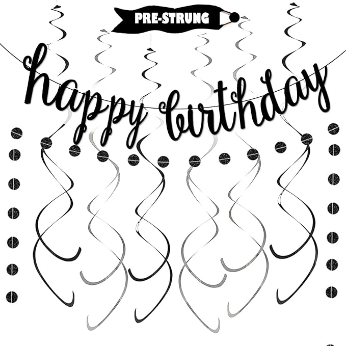 Black Happy Birthday Banner Decoration Kit, Glittery Banner Circle Dots Garland with Black Silver Hanging Swirls for Birthday Baby Shower Party Decorations Supplies, Pre-Strung