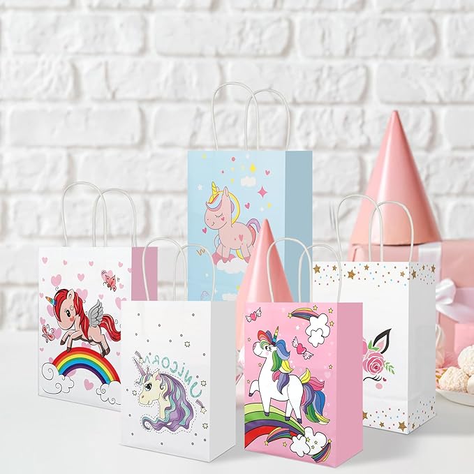 20Pcs Unicorn Party Favor Bags with Handles, Kraft Paper Bags for Rainbow Horse Birthday Party Supplies, Cute Cartoon Unicorn Party Gift Bags Goody Treat Candy Bags for Baby Shower Wedding