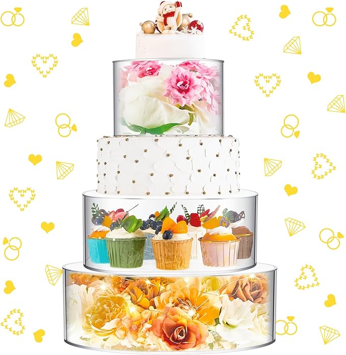 Sintuff 3 Pcs Acrylic Cake Stand with LED Lights 12‘’, 14‘’, 16‘’ Clear Fillable Cake Riser Round 3 Tier Case Box for Wedding Birthday Holiday Party Food Display, 3 Sizes