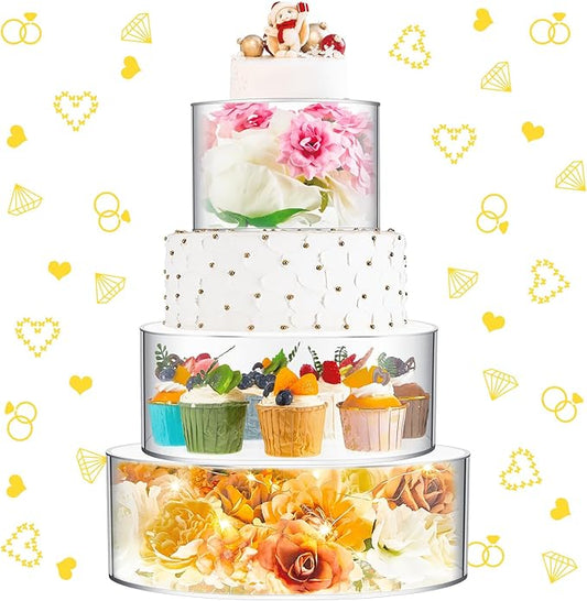 Sintuff 3 Pcs Acrylic Cake Stand with LED Lights 12‘’, 14‘’, 16‘’ Clear Fillable Cake Riser Round 3 Tier Case Box for Wedding Birthday Holiday Party Food Display, 3 Sizes