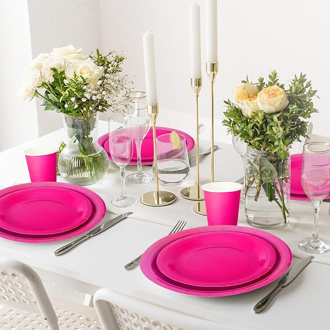 Whaline 100Pcs Hot Pink Pa rty Supplies Set Disposable Party Dinnerware Sets 50Pcs Paper Plates 25Pcs Napkin 25Pcs Cups for Wedding Birthday Party Supplies Table Decorations