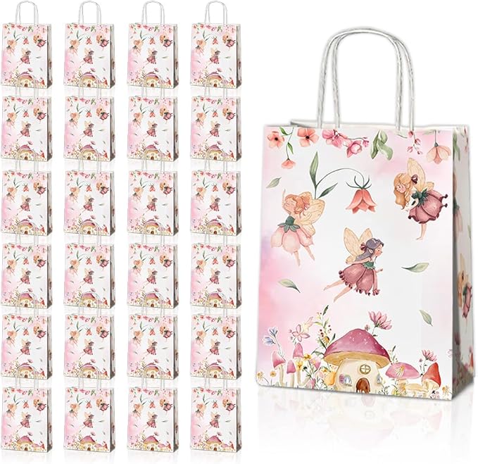 24 Pcs Fairy Party Favor Bags with Handles, Woodland Mushroom Goodie Gift Candy Treat Paper Bags for Kids Girls Baby Shower Birthday Party