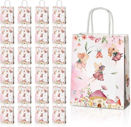24 Pcs Fairy Party Favor Bags with Handles, Woodland Mushroom Goodie Gift Candy Treat Paper Bags for Kids Girls Baby Shower Birthday Party
