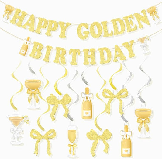 Golden Birthday Party Decorations Kit, Glitter Happy Golden Birthday Banner & Hanging Swirls Ceiling Ornaments, Photo Backdrop for Women Men In My Golden Era Funny Gold Bday Party Supplies