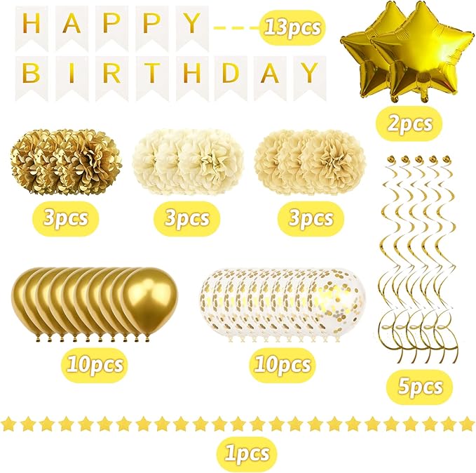 Gold Birthday Party Decorations - Banner, Pompoms, Confetti, Balloons, Garland for Boys, Girls, Women, Men's 6th to 70th Birthday