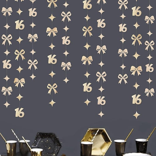 Champagne Gold 16th Bow Birthday Decorations Champagne Conquette Bow Garland Streamer Banner Backdrop for Girls Boys Happy 16th Birthday Sweet Sixteen Cheers to 16 Years Old Anniversary Party Supplies