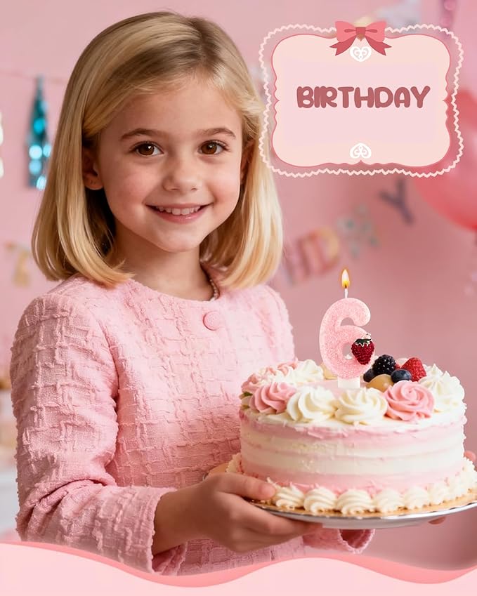 Birthday Candles for Cake, Pink Number Candles, Cake Candles with Greeting Card for Birthday Party Wedding Anniversary Celebrations (Strawberry 6 Candle)