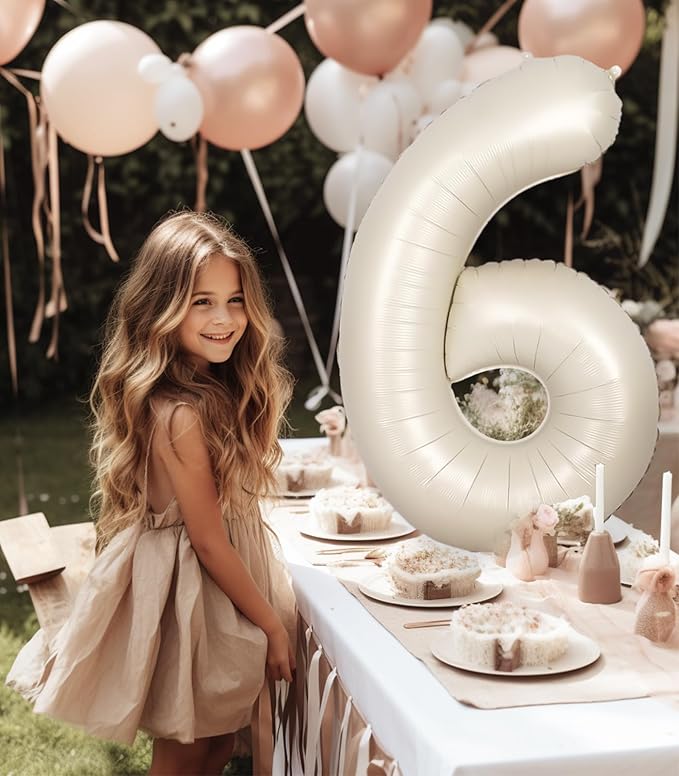 SUWEN 40 Inch Cream White Large 6 Number Balloons Big Foil Helium Number Balloons 0-9 Jumbo Happy 6th Mylar Birthday Party Decorations for Boy or Girl Anniversary Party Supplies