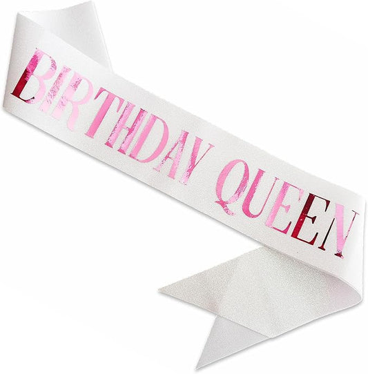 Birthday Queen Sash, Pink Foil Letter Glitter White Birthday Sash for Women 21st 30th 40th 50th 60th Gifts Fun Bday Party Favors Decorations
