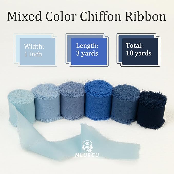 Handmade Fringe Chiffon Silk Ribbon - 1 Inch x 3Yd, Baby Blue & French Blue, Wedding Invitation & Gift Wrapping