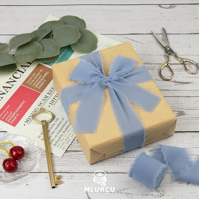Periwinkle Blue Chiffon Ribbon 1-1/2 Inch x 21Yards Dusty Blue Chiffon Silk Ribbon Handmade Fringe Boho Frayed Ribbon for Gift Wrapping, Wedding Invitation, Bridal Flower Bouquets