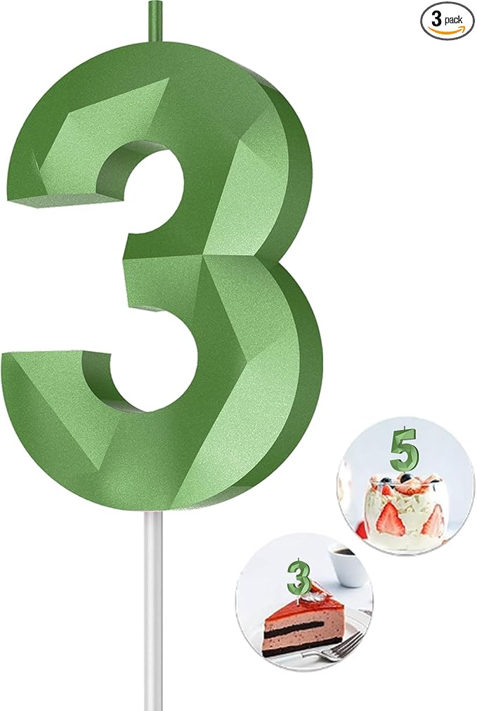 Number Birthday Candles(3 Candle Green) 3D Diamond Shape Number Happy Birthday Cake Candles for Birthday Party Wedding Decoration Reunions Theme Party