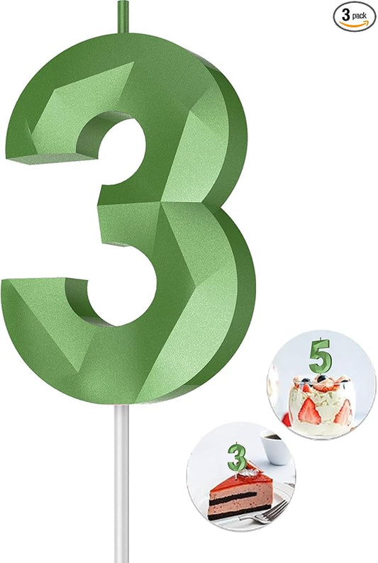 Number Birthday Candles(3 Candle Green) 3D Diamond Shape Number Happy Birthday Cake Candles for Birthday Party Wedding Decoration Reunions Theme Party