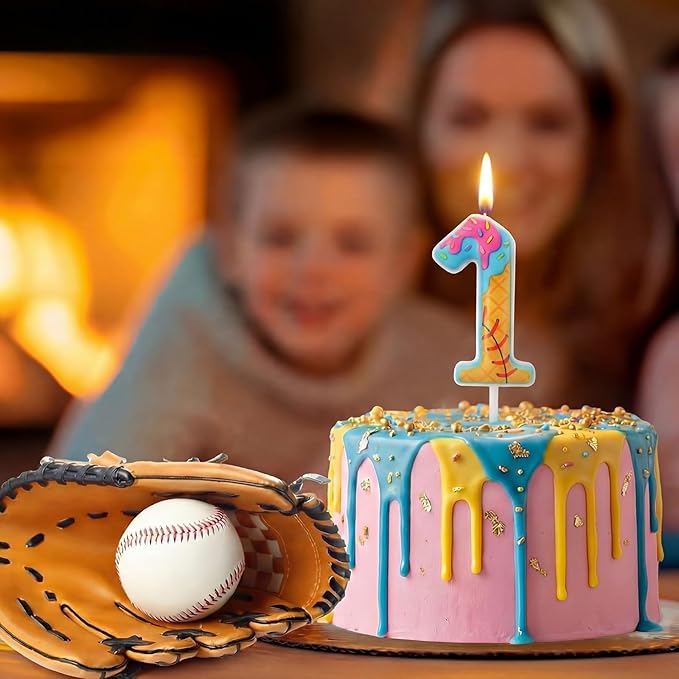 Conelist 1st Baseball Ice Cream Drip Birthday Number Candles Baseball Drip Cake Topper Candle Cupcake Topper Decoration for Sport Theme Happy Birthday Party Favors Anniversary Supplies(1 Pcs)