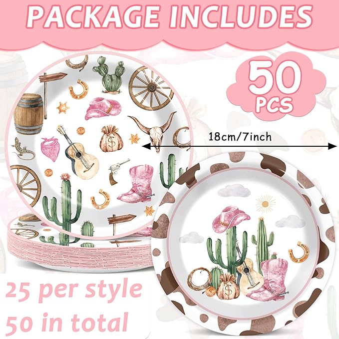 Naozinebi 50pcs Western Cowgirl Party Paper Plates Cowgirl Party Decorations for Girls Pink Western Theme Dessert Plates Wild West Cow Print Tableware Decor for Baby Shower Rodeo Birthday Serves 50