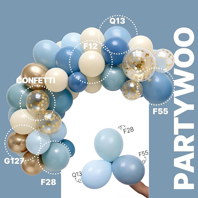 PartyWoo Dusty Blue Balloons 66pcs 12 Inch Light Baby Slate Blue Off White Sand Metallic Gold Boho Confetti Balloons for Graduation Boy Baby Shower Gender Reveal Birthday Wedding Party Decorations