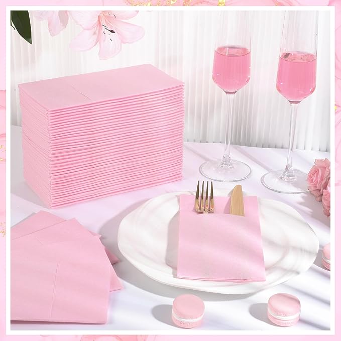 120 Pcs Pink Linen-Feel Paper Napkins with Built-in Flatware Pocket, Pocket Linen Napkin Prefolded Cloth Like Paper Napkins Bulk for Girls Birthday Baby Bridal Shower Tea Party Wedding