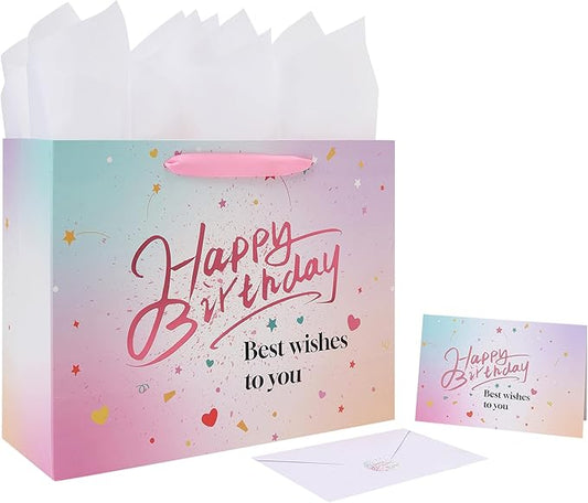 wishinside 13'' Large Pink Birthday Gift Bag Set with Handles, Greeting Card, Tissue Papers and Stickers for Women Girls Kids Teens, Gold Foil Happy Birthday Design, 1 Pcs