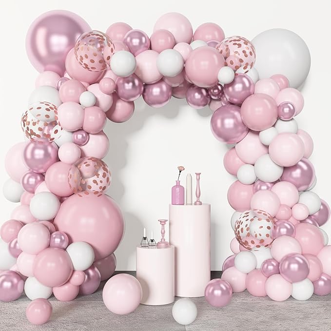 Amandir 153pcs Pink White Balloons Arch Garland Kit Different Sizes 18 12 10 5inch Pastel Light Latex Metallic Confetti Pink Balloons Mothers Day Shower Wedding Bow Coquette Birthday Party Decorations