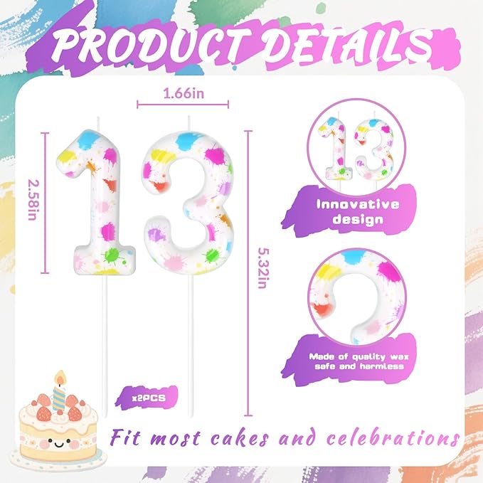 Paint Birthday Candles, Art Paint Party Decoration Supplies, Birthday Number Candles for Cake Topper (Multicolour, Number 13)