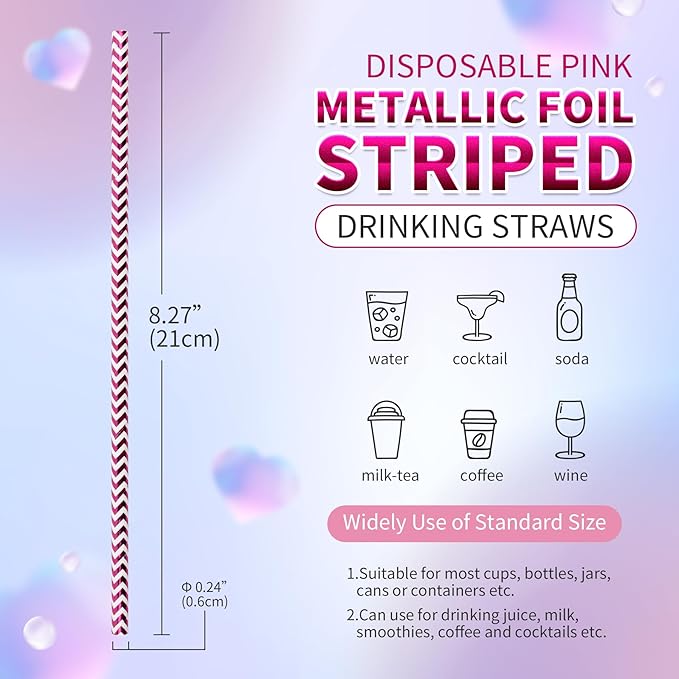 PakTalk Paper Straws Disposable, 100Pack Metallic Rose Gold Wave Paper Straws for Drinking, Crafts, Valentines, Holiday, Party (0.24''*8.27'', Gold Wave)