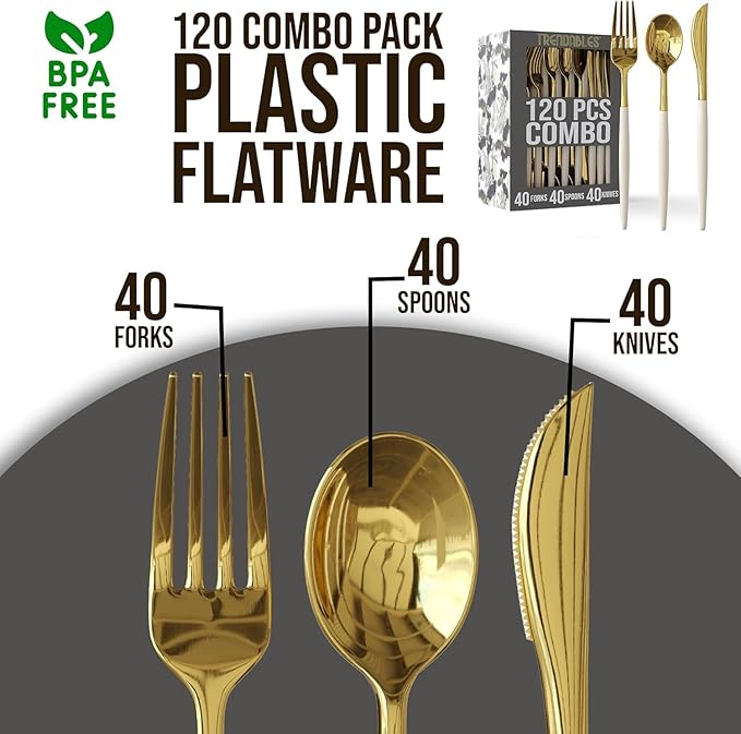 Trendables 120 Pack Disposable Silverware Set - Ivory & Gold Plastic Cutlery Dinnerware - Includes 40 Forks, 40 Spoons, 40 Knives - Party Set