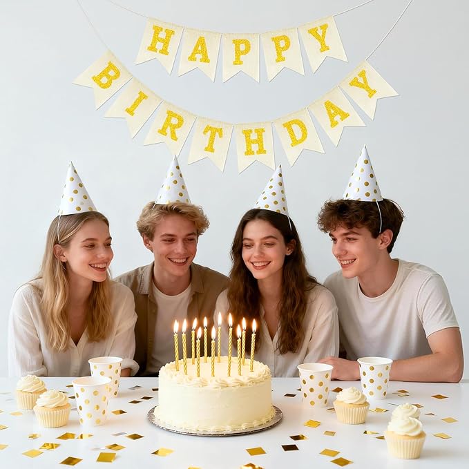 Anwyll Happy Birthday Banner - NO DIY Burlap Happy Birthday Banner Sign Happy Birthdays Party Decoration Happy Birthdays Banners Bunting for Women Men Girl Boy Celebration Party Backdrop(Glitter Gold)